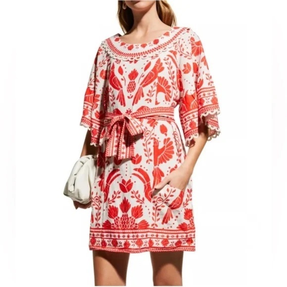 Farm Rio Jungle Flow Belted Mini Dress Red/ Cream Linen, Small - Picture 2 of 16